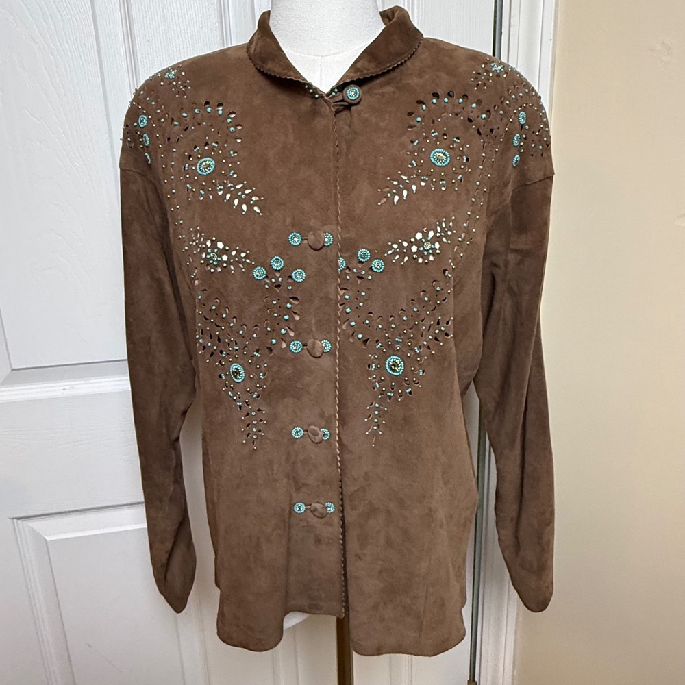 Jan Faulkner Leather Artist Brown Suede Turquoise Beaded Western Jacket Small